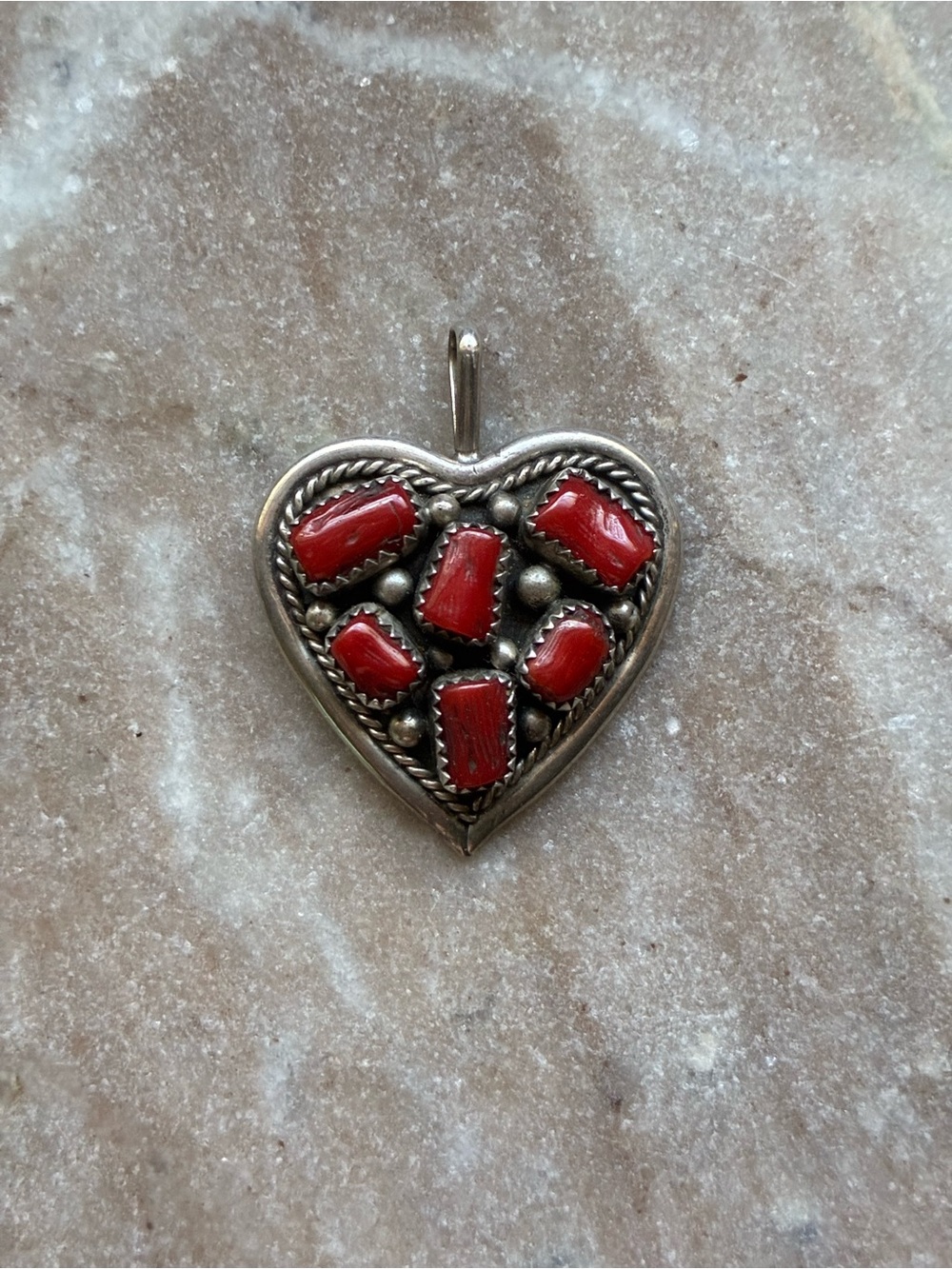 Sterling Heart Pendant with Red Coral Inlay
